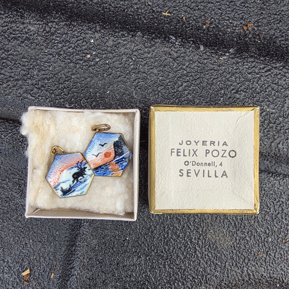 Felix Pozo Sevilla Hexagon Enamel Pendant Pair in Blue and Orange